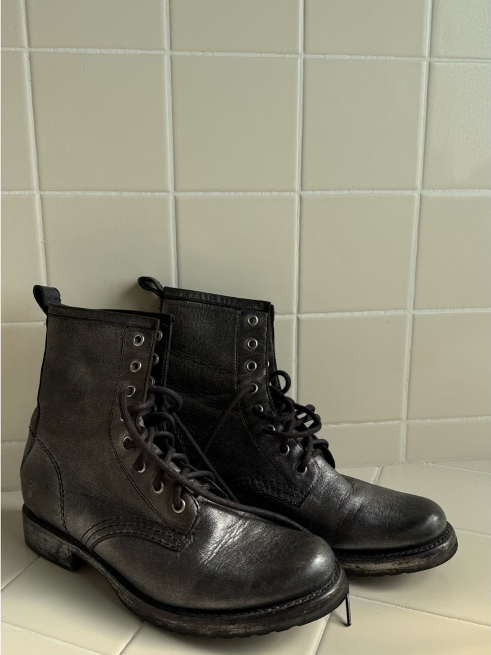 Frye Black Metallic Leather Lace-Up Women's Combat Boots